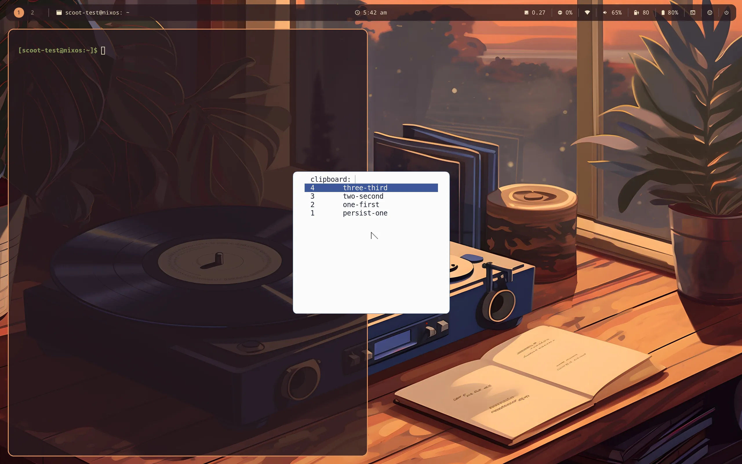 The clipboard history picker over the session: four entries, newest first and highlighted, in the music-desk paper and ink